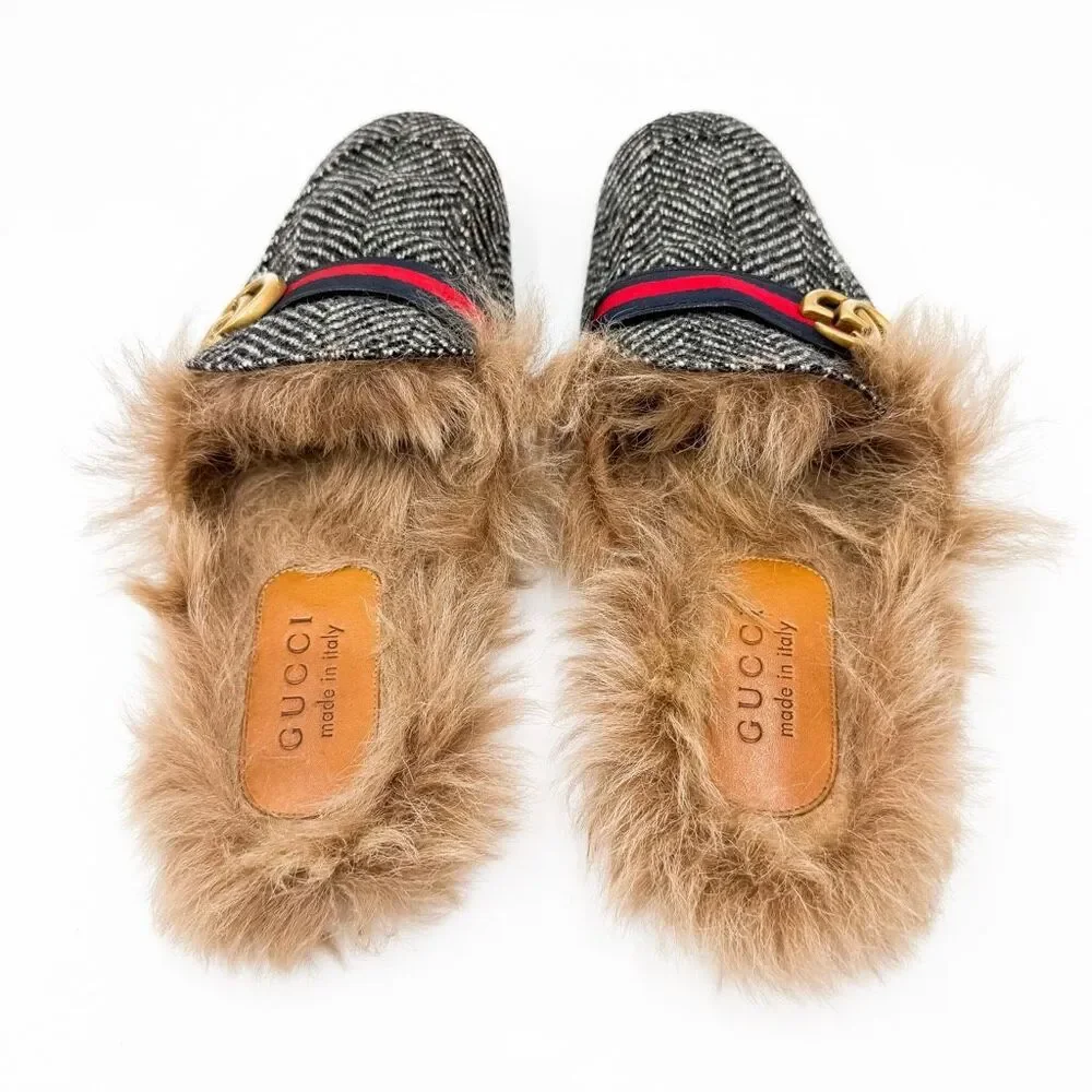 Gucci Princetown Herringbone Fur Mules GG Web Stripe Horsebit Loafers 7.5